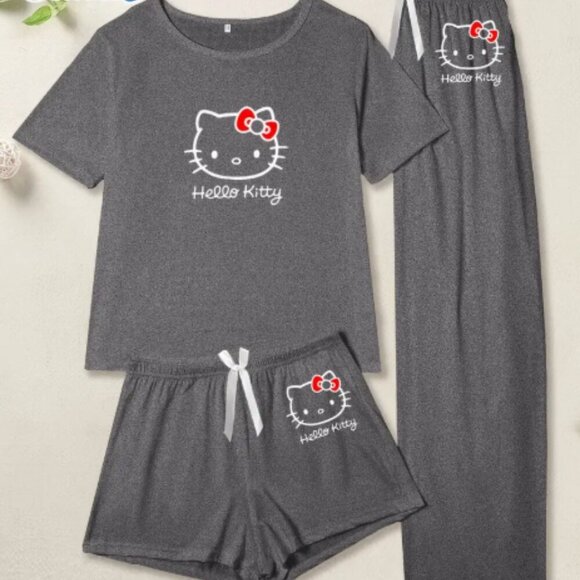 Hello Kitty Pajama Set 3 Piece Grey NWT - Picture 2 of 4